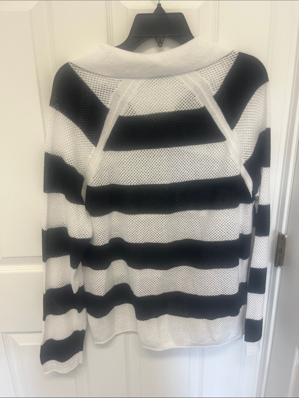 Striped Black & White Open-Knit Collared Sweater - Picture 3 of 4